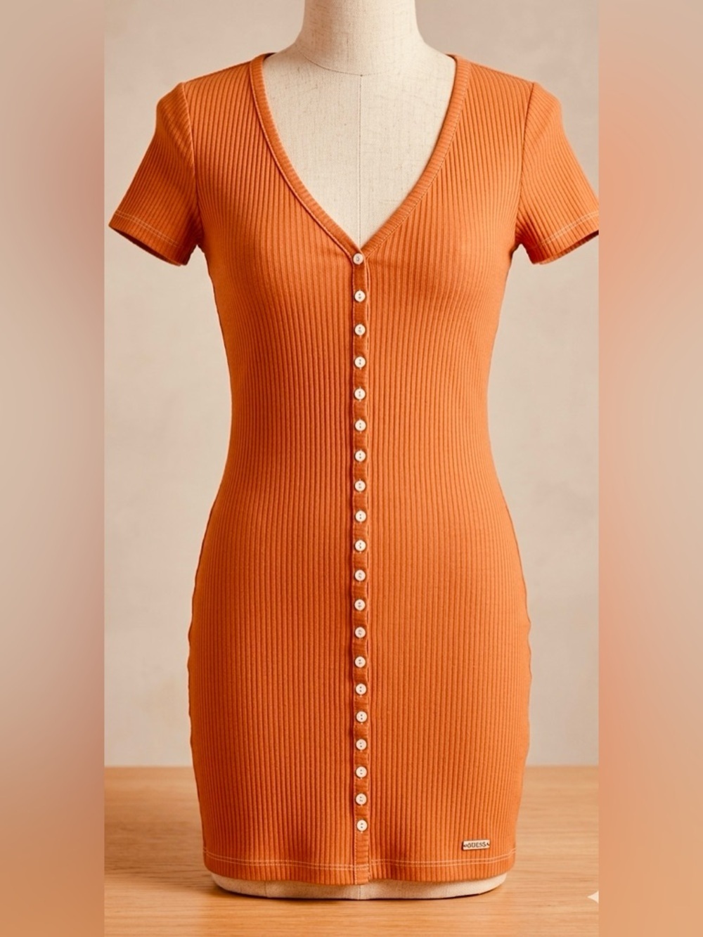 Guess Ribbed Button-Front V-Neck Dress in Orange